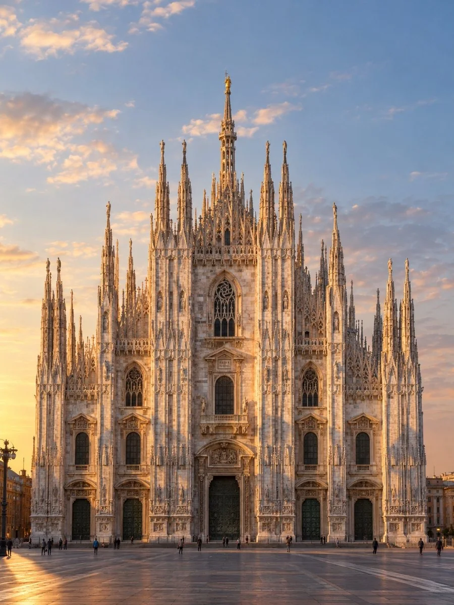 La façade en marbre du Duomo di Milano sous le soleil de fin d’après-midi, ses statues et ses pinacles projetant de longues ombres, avec la Madonnina au sommet