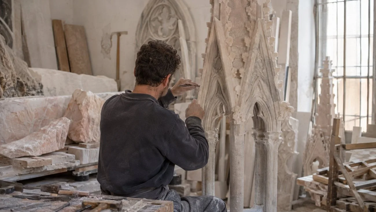 Des ouvriers marbriers de la Veneranda Fabbrica restaurant un pinacle sculpté dans un atelier, avec des blocs de marbre rose de Candoglia