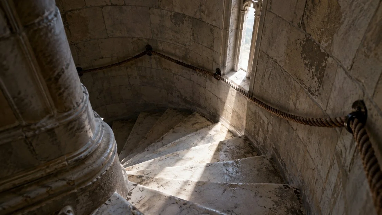 L'étroit escalier en colimaçon en marbre à l'intérieur du Duomo di Milano menant aux terrasses, éclairé par une fenêtre étroite