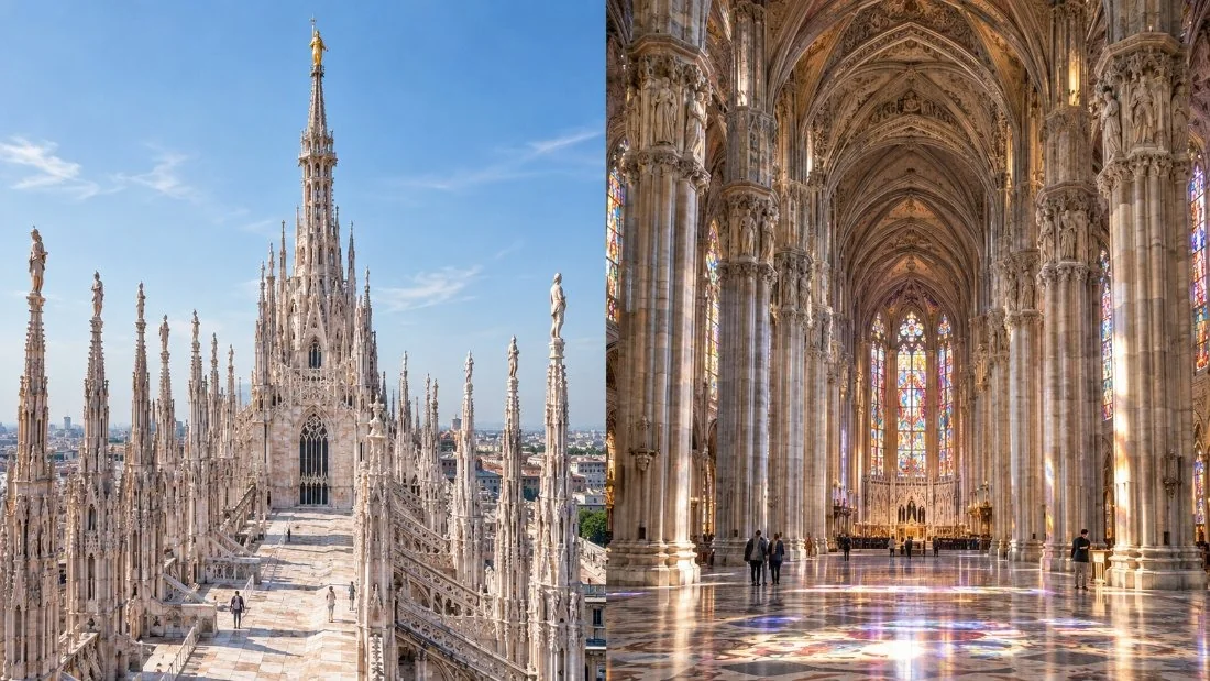 La nef du Duomo di Milano avec ses hautes colonnes en marbre, ses vitraux et la lumière des fenêtres de l’abside